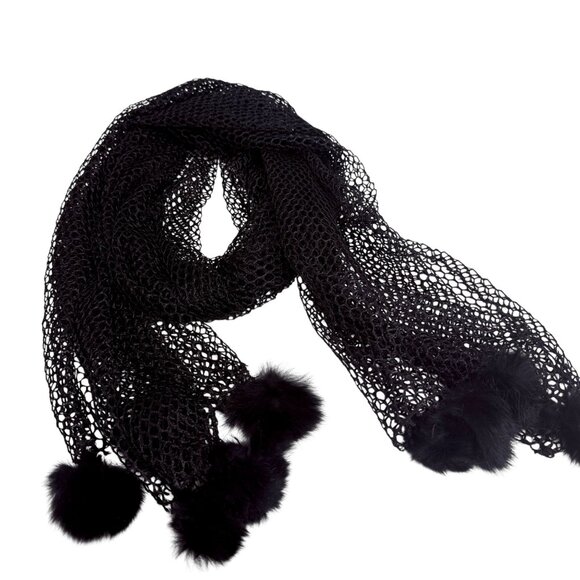 Black Mesh Scarf Fur Pom Pom Evening Shawl Fishnet Wrap - Picture 8 of 9